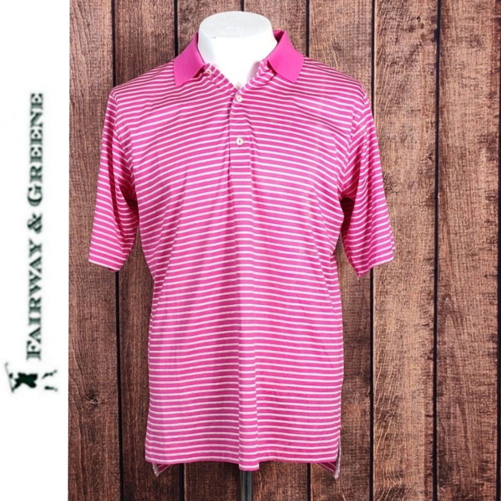 NWOT Signature Mens Pink Gray Striped Cotton Three Button Polo Shirt